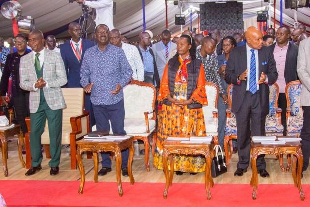 Raila Odinga, Marta Karua, Eugene Wamalwa when they  joined the congregation at Jesus Teaching Ministry in Embakasi for Sunday service.