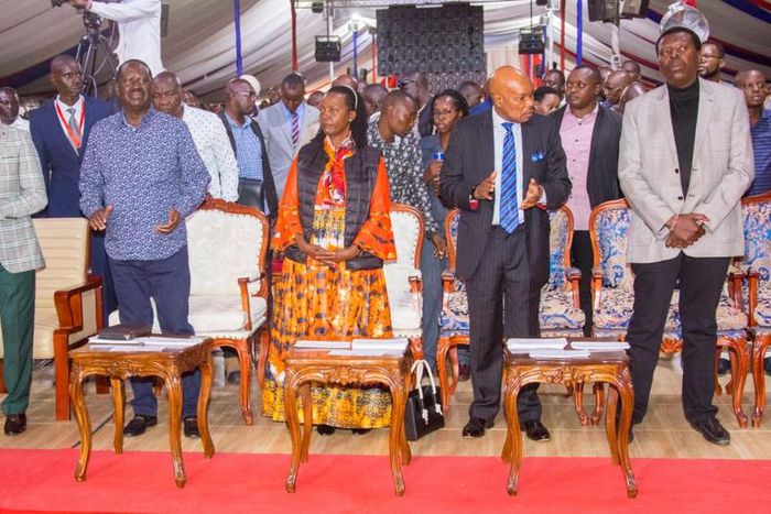 Raila Odinga, Marta Karua, Eugene Wamalwa when they  joined the congregation at Jesus Teaching Ministry in Embakasi for Sunday service.