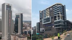 A photo collage of the Global Trade Centre in Nairobi and Two Rivers Mall in Ruaka