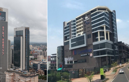 A photo collage of the Global Trade Centre in Nairobi and Two Rivers Mall in Ruaka