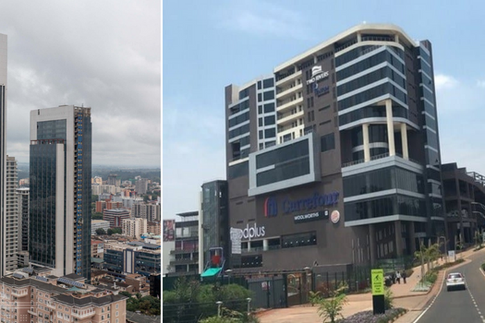 A photo collage of the Global Trade Centre in Nairobi and Two Rivers Mall in Ruaka