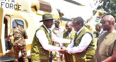 President William Ruto shaking hands with Prime CS Musalia Mudavadi as DP Rigathi Gachagua watches in Kaptagat Forest in Elgeyo Marakwet County on July 1, 2023