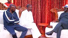 Lawyer Cliff Ombeta, Pastor Ezekiel Odero and Former Prime Minister Raila Odinga at the New Life Church Pastor's home in Mavueni, Kilifi county on Saturday, May 06