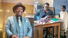 From left: Mike Sonko & a teacher mending school uniform for a needy student in Narok