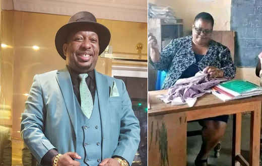 From left: Mike Sonko & a teacher mending school uniform for a needy student in Narok