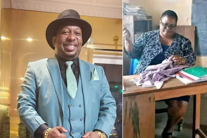 From left: Mike Sonko & a teacher mending school uniform for a needy student in Narok