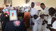 A collage image of the coffin bearing the remains of Martin Gitari and his fiancé having a wedding ring placed on her finger