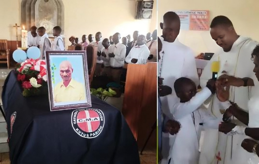 A collage image of the coffin bearing the remains of Martin Gitari and his fiancé having a wedding ring placed on her finger