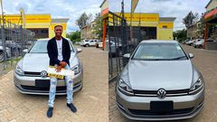 Kenyan TikTok sensation, dancer and digital content creator Only Lit Boy posing with his first car - a sleek silver-grey Volkswagen Golf TSI