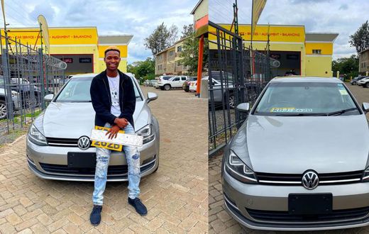 Kenyan TikTok sensation, dancer and digital content creator Only Lit Boy posing with his first car - a sleek silver-grey Volkswagen Golf TSI