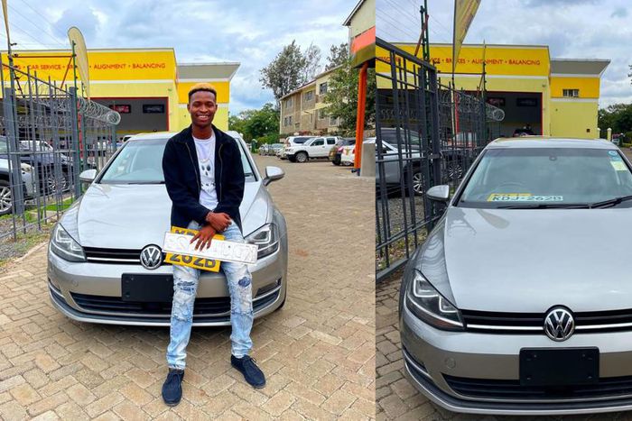Kenyan TikTok sensation, dancer and digital content creator Only Lit Boy posing with his first car - a sleek silver-grey Volkswagen Golf TSI