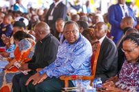 Retired President Uhuru Kenyatta and Chief Justice Martha Koome during the the Episcopal Ordination for Bishops Simon Peter Kamomoe and Wallace Ng'ang'a at St Mary's Msongari.