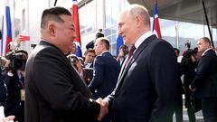 North Korean leader Kim Jong-Un (left) shaking hands with Russian President Vladimir Putin (right) when they met in September.Kremlin Press Office / Handout/Anadolu Agency via Getty Images