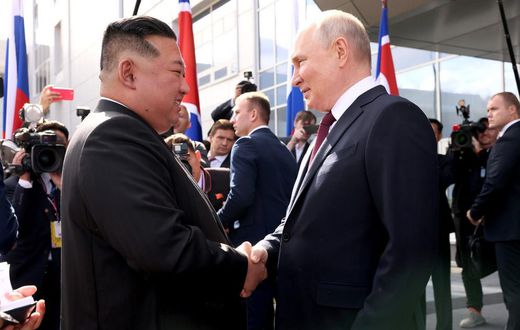 North Korean leader Kim Jong-Un (left) shaking hands with Russian President Vladimir Putin (right) when they met in September.Kremlin Press Office / Handout/Anadolu Agency via Getty Images