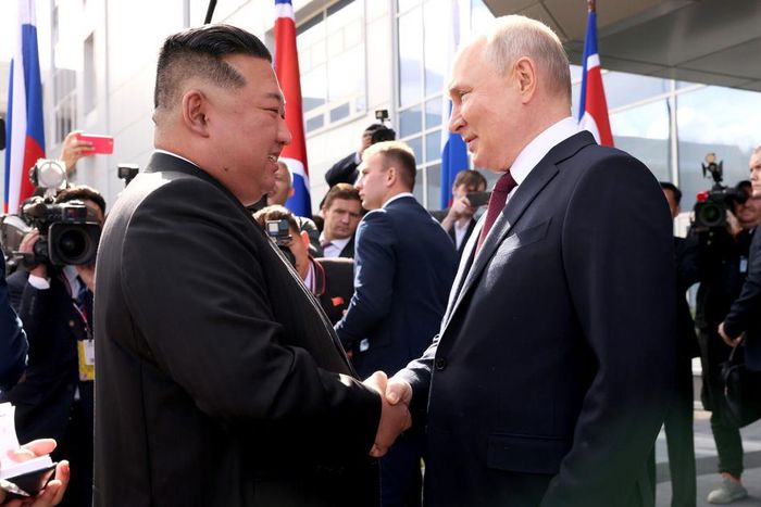 North Korean leader Kim Jong-Un (left) shaking hands with Russian President Vladimir Putin (right) when they met in September.Kremlin Press Office / Handout/Anadolu Agency via Getty Images