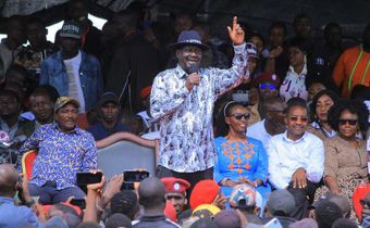 Raila Odinga in the company of Martha Karua of Narc-Kenya, Wiper's Kalonzo Musyoka and former Devolution Cabinet Secretary Eugene Wamalwa, Mwangi wa Iria among others in Kamkunji