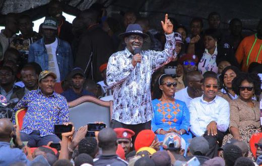 Raila Odinga in the company of Martha Karua of Narc-Kenya, Wiper's Kalonzo Musyoka and former Devolution Cabinet Secretary Eugene Wamalwa, Mwangi wa Iria among others in Kamkunji