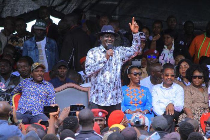Raila Odinga in the company of Martha Karua of Narc-Kenya, Wiper's Kalonzo Musyoka and former Devolution Cabinet Secretary Eugene Wamalwa, Mwangi wa Iria among others in Kamkunji