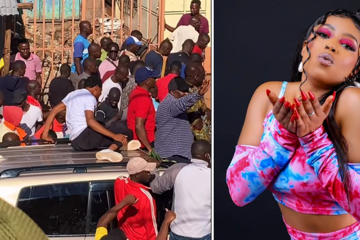 Peter Salasya (left) on top of the car and Manzi wa Kibera