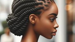 DALL·E 2024-05-08 124651 - Image of an African woman with Flat Twists hairstyle The woman is dressed in elegant attire The hairstyle consists of two strands of hair twisted fl