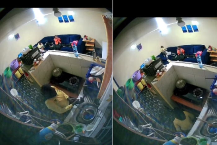 A CCTV captures a house help peeing in the kitchen