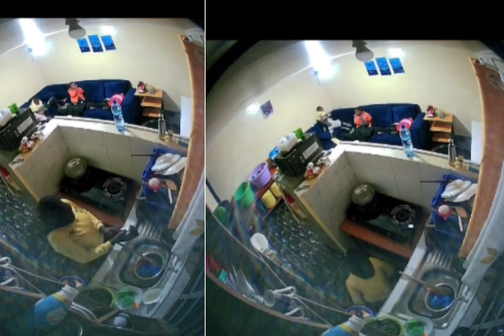 A CCTV captures a house help peeing in the kitchen