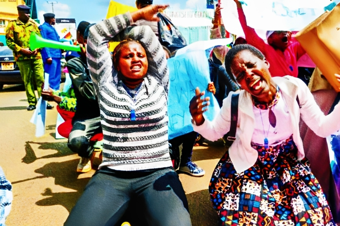 Mercy Tarus (left) during protests against Uasin Gishu County Government on August 9, 2023