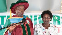 Education Cabinet Secretary Ezekiel Machogu introduced his wife Jemimah Machogu to the public on Friday, November 24, during a graduation ceremony at Taita Taveta University.