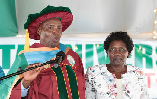 Education Cabinet Secretary Ezekiel Machogu introduced his wife Jemimah Machogu to the public on Friday, November 24, during a graduation ceremony at Taita Taveta University.