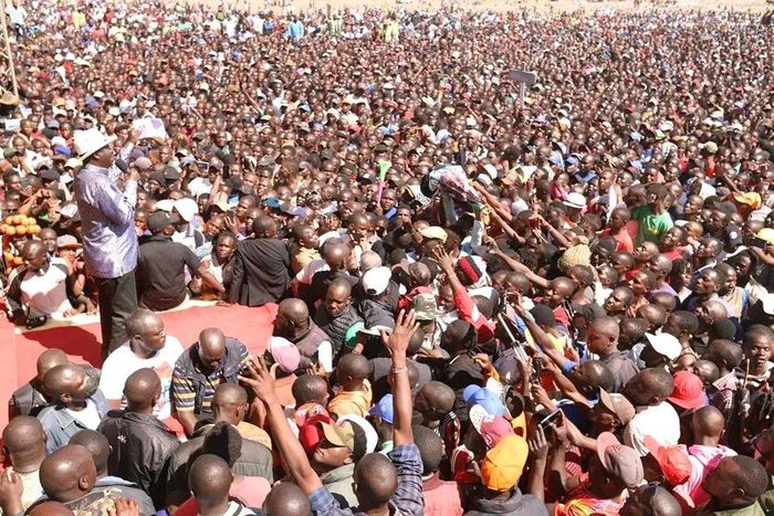 Azimio la Umoja leader Raila Odinga addressing his supporters at Jacaranda Grounds, Nairobi on Sunday, January 29, 2022