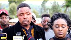 Jeff Mwathi's parents Ann Mwathi and Peter Ngugi during a poress breifing at their home in Likia, Njoro sub-county in Nakuru County on May 8, 2023