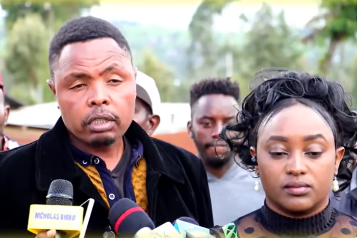 Jeff Mwathi's parents Ann Mwathi and Peter Ngugi during a poress breifing at their home in Likia, Njoro sub-county in Nakuru County on May 8, 2023