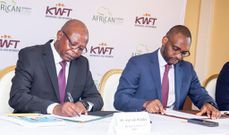 KWFT MD Kariuki Kitabu with AGF Group CEO Jules Ngankam after signing a risk-sharing partnership agreement in Nairobi on May 6, 2024