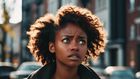 An AI-generated image of young black woman in distress
