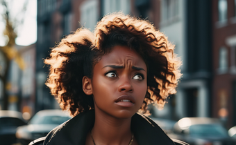 An AI-generated image of young black woman in distress