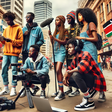 An AI-generated lively scene in downtown Nairobi where a group of young, energetic Kenyan content creators are producing a street-style vlog