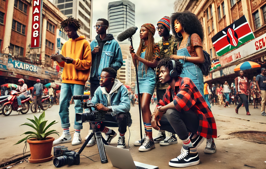 An AI-generated lively scene in downtown Nairobi where a group of young, energetic Kenyan content creators are producing a street-style vlog
