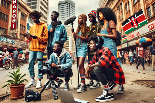An AI-generated lively scene in downtown Nairobi where a group of young, energetic Kenyan content creators are producing a street-style vlog