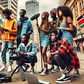 An AI-generated lively scene in downtown Nairobi where a group of young, energetic Kenyan content creators are producing a street-style vlog