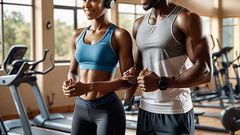 An AI-generated image of couple listening to music while they are training in the gym
