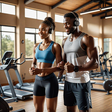 An AI-generated image of couple listening to music while they are training in the gym
