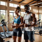 An AI-generated image of couple listening to music while they are training in the gym