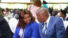 CS Tourism Wildlife and Heritage Peninah Malonza and CS For Education Ezekiel Machogu during the Africa Climate summit at KICC