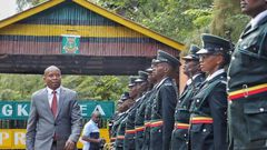 CS Kithure Kindiki inspects a guard of honour at Mwea Prison in Kirinyaga County on Monday, May 8, 2023.