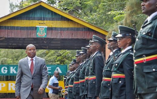 CS Kithure Kindiki inspects a guard of honour at Mwea Prison in Kirinyaga County on Monday, May 8, 2023.