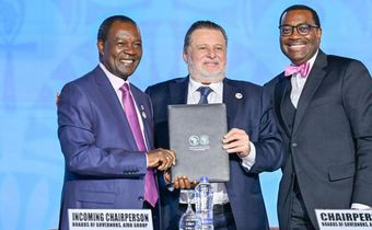 Kenya's Treasury CS Njuguna Ndung'u (left) with Egypt's Central Bank Governor Hassan Abdalla and AfDB President Akinwumi Adesina (right) during the chairmanship handover ceremony in Sharm el Sheikh, Egypt, on May 26, 2023.