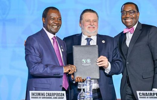 Kenya's Treasury CS Njuguna Ndung'u (left) with Egypt's Central Bank Governor Hassan Abdalla and AfDB President Akinwumi Adesina (right) during the chairmanship handover ceremony in Sharm el Sheikh, Egypt, on May 26, 2023.