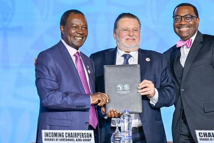 Kenya's Treasury CS Njuguna Ndung'u (left) with Egypt's Central Bank Governor Hassan Abdalla and AfDB President Akinwumi Adesina (right) during the chairmanship handover ceremony in Sharm el Sheikh, Egypt, on May 26, 2023.
