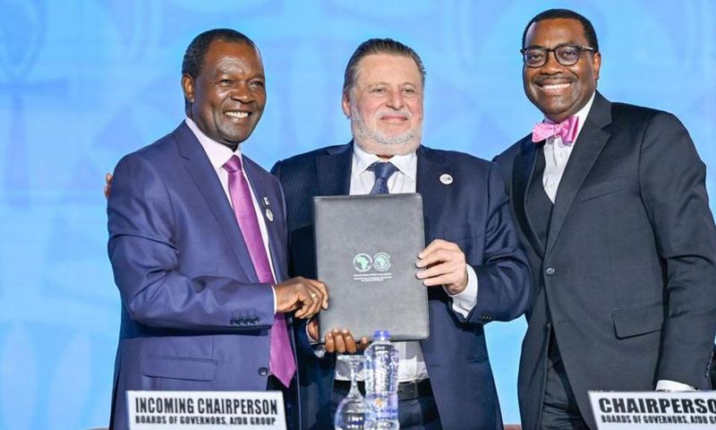 Kenya's Treasury CS Njuguna Ndung'u (left) with Egypt's Central Bank Governor Hassan Abdalla and AfDB President Akinwumi Adesina (right) during the chairmanship handover ceremony in Sharm el Sheikh, Egypt, on May 26, 2023.