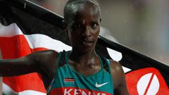 Virginia Nyambura celebrates after winning the 2000m steeplechase at Bishan Stadium of the Singapore 2010 Youth Olympic Games in Singapore, August 23, 2010.